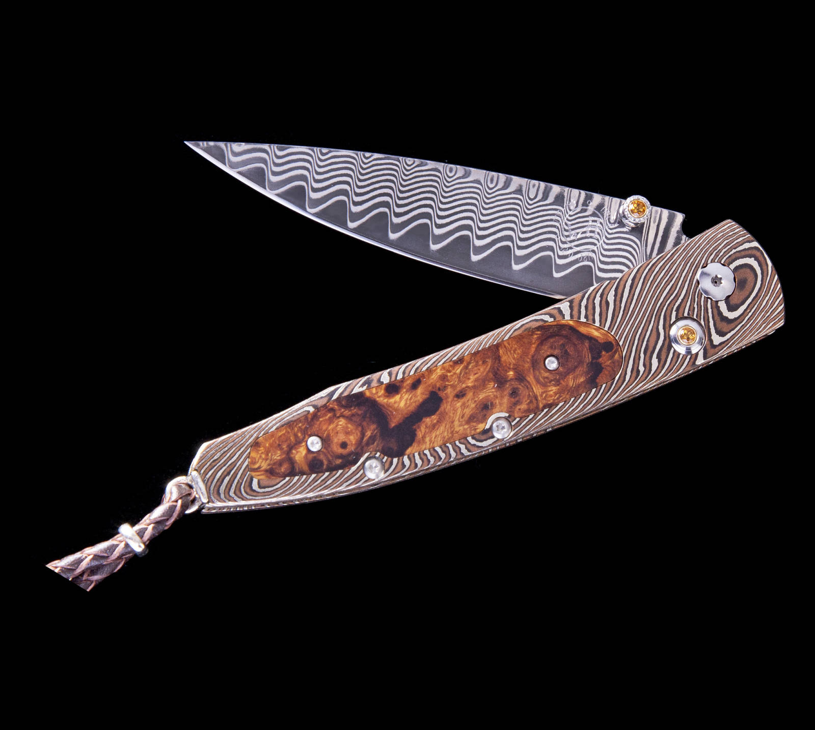 William Henry folding pocket knife with mokume-gane Damascus steel cocobolo wood scales 24 kt gold fittings and citrine