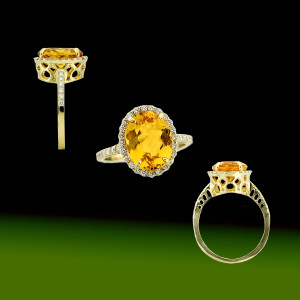 Citrine ring in 14 kt yellow gold with diamond halo