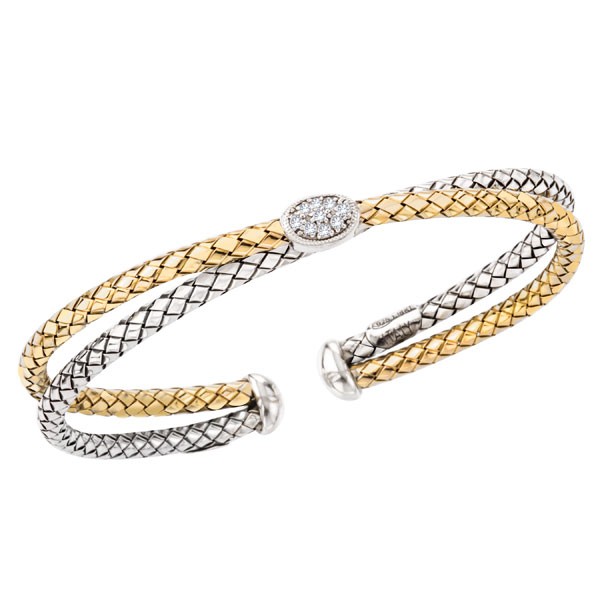 18K gold & 925 Sterling Silver double row Traversa bracelet with one circular gold & .07ct diamond station & one circular silver & .07ct diamond station