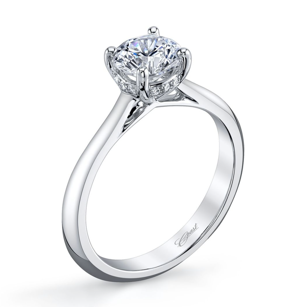 coast solitaire diamond engagement ring with 1 ct center stone shown in 18 kt white gold